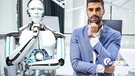 Roboter macht mit Mensch Brainstoarming Symbolbild für "Programmieren für alle" mit Campus Logo | Bild: picture alliance / Zoonar | Alexander Limbach
