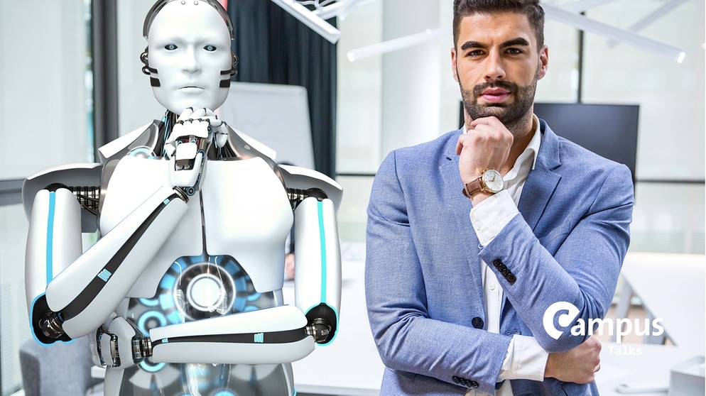 Roboter macht mit Mensch Brainstoarming Symbolbild für "Programmieren für alle" mit Campus Logo | Bild: picture alliance / Zoonar | Alexander Limbach