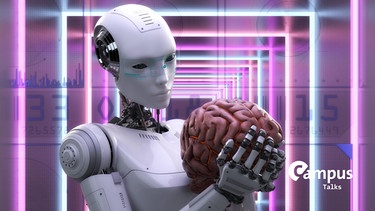 Künstlerische 3D-Illustration eines Cyborgs mit künstlicher Intelligenz, Gehirn in den Händen haltend mit Campus Talks Logo | Bild: picture alliance / CHROMORANGE | Knut Niehus