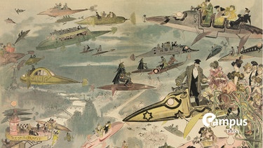 Futuristic view of air travel over Paris as people leave the Opera. The imagined aircraft include buses and limousines with police patrolling the skies and women pilots. 1882 print by Albert Robida 1848-1926 . LC-DIG-ppmsca-13553
| Bild: picture alliance / Everett Collection | Library of Congress