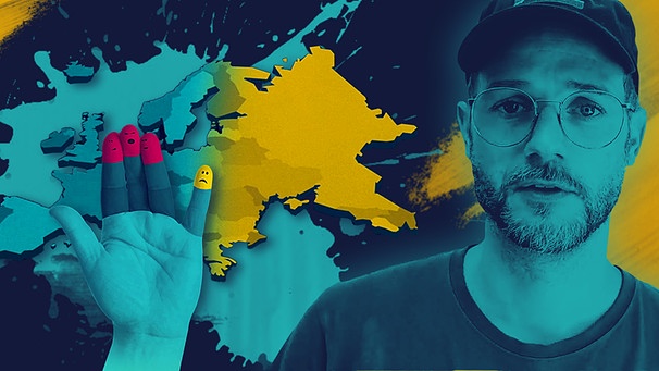 Moderator Rainer Maria Jilg, daneben eine Landkarte auf der West- und Osteuropa unterschiedlich eingefärbt sind, eine Hand mit drei pinken Fingern und einem gelben, abgespreizten Finger | Bild: BR, colourbox.com; Montage: BR