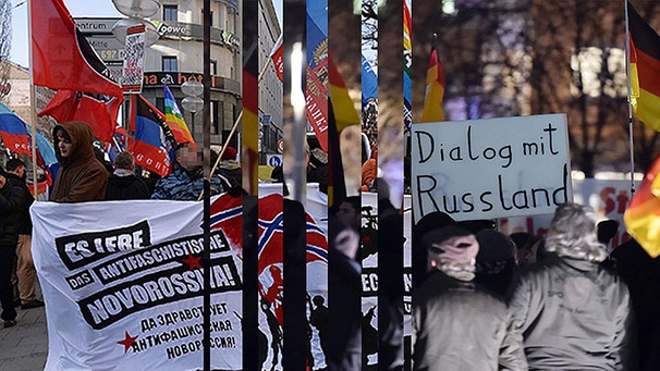 Pro-Russische Anti-Nato-Demonstration, Pegida-Anhänger mit Pro-Russland-Plakat; | Bild: Fotos: dpa, Montage, BR