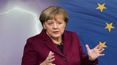Angela Merkel vor Gewitterwolken und EU-Flagge | Bild: picture-alliance/dpa