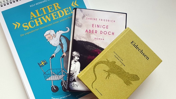 Die Bücher "Eidechsen", "Einige aber doch" und der Kalender "Alter Schwede" liegen auf einem Tisch | Bild: BR-Studio Franken/Vera Held