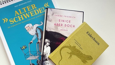 Die Bücher "Eidechsen", "Einige aber doch" und der Kalender "Alter Schwede" liegen auf einem Tisch | Bild: BR-Studio Franken/Vera Held