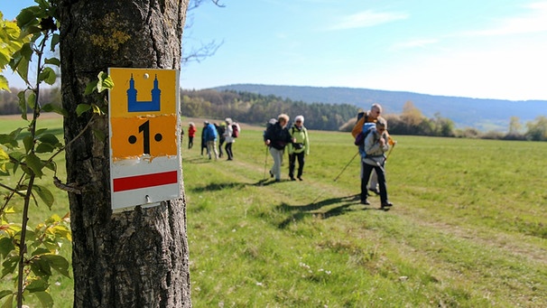 Eine Wandergruppe passiert einen Wegweiser auf der Gottesgartenrunde | Bild: Tourismusregion Obermain-Jura / A. Lochner