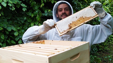 Der Jung-Imker Maximilian Mayet an einem Bienenstock. | Bild: BR/ Karen Zoller