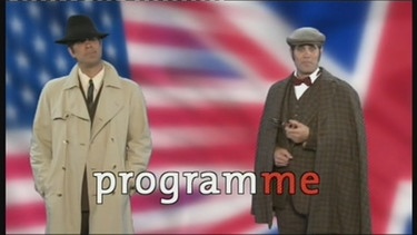 Humphrey Bogart und Sherlock Holmes vor einer britisch-amerikanischen Fahne, darunter das Wort programme | Bild: Bayerischer Rundfunk