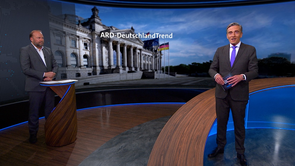 BR24-Moderator Stefan Scheider zusammen mit BR-Wahlexperten Andreas Bachmann zum ARD-Deutschlandtrend Mai 2025 | Bild: Bayerischer Rundfunk 2024