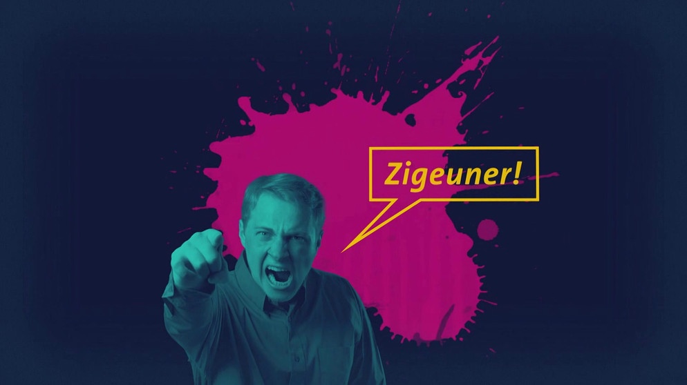 Wütender Mann deutet, Sprechblase: Zigeuner! | Bild: picture-alliance, colourbox.com, Montage: BR