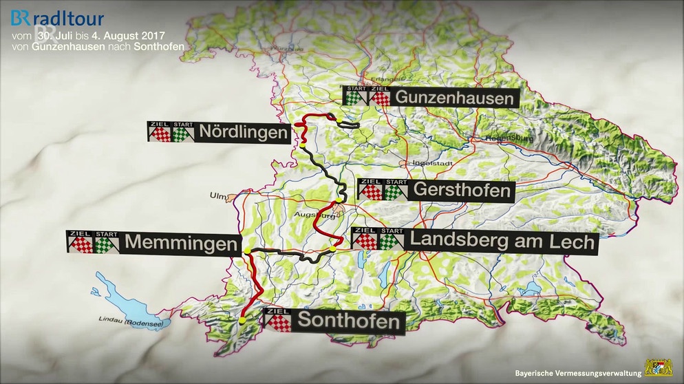 Alle Etappenorte der BR-Radltour 2017, eingezeichnet in der Bayern-Landkarte | Bild: Bayerischer Rundfunk