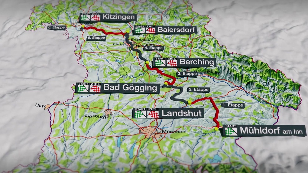Die Gesamtstrecke der BR-Radltour 2018 im Überblick | Bild: Bayerischer Rundfunk