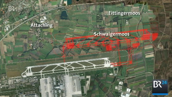 Luftbildaufnahme zeigt - mit roter Farbe markiert - die geplante dritte Startbahn am Flughafen München | Bild: Bayerischer Rundfunk