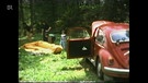 Roter Käfer-Oldtimer steht im Wald mit Familie im Hintergrund. | Bild: Bayerischer Rundfunk