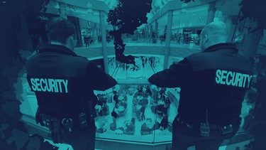 Collage: Security-Personal blickt auf eine Einkaufspassage hinab, wo Menschen Getränke und Speisen konsumieren. | Bild: BR, colourbox.com, picture alliance / dpa ; Montage: BR