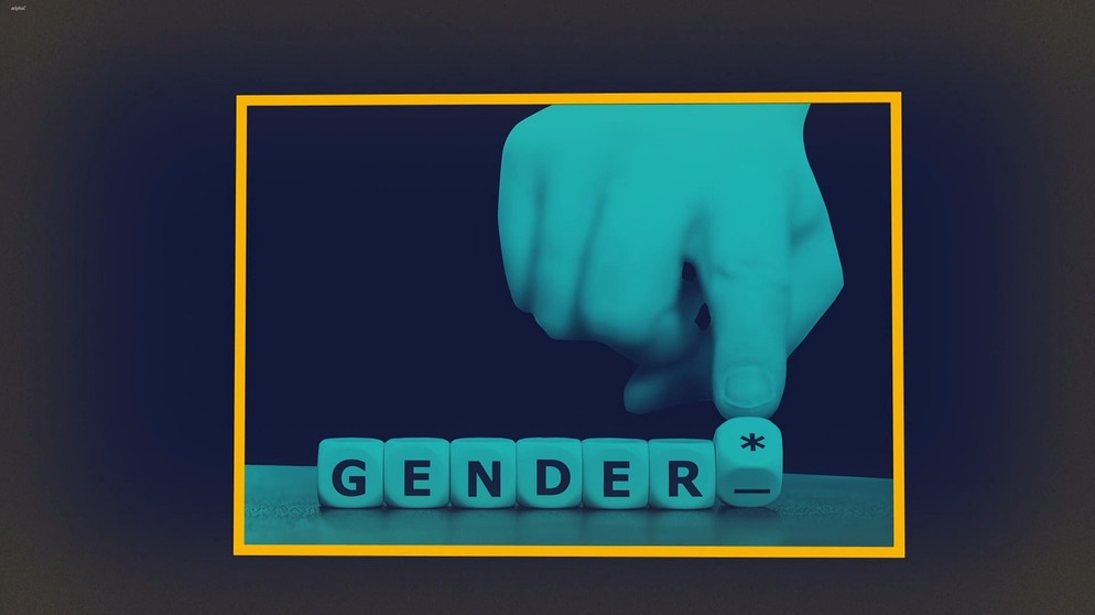 Buchstabenwürfel zum Wort Gendern* zusammengelegt; eine Hand deutet mit dem Zeigefinger auf das *. | Bild: BR, colourbox.com, picture-alliance/dpa; Montage: BR