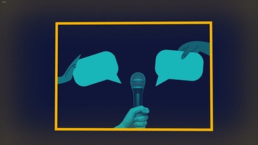 Die Collage zeigt mittig eine Hand, die ein Mikrofon hält und links und rechts davon zwei Hände, die jeweils eine Sprechblase halten. | Bild: picture-alliance/dpa, colourbox.com, Montage: BR