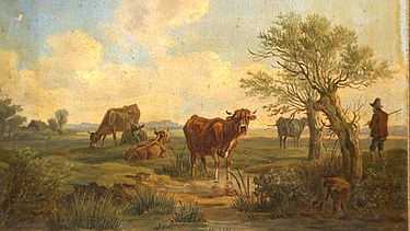 Kühe auf der Weide. Moorlandschaften mit weidenden Kühen wie auf diesem kleinformatigen Gemälde aus der Zeit um 1820 waren schon im 17. Jahrhundert ein überaus beliebtes Motiv. Und doch gibt es Unterschiede … Geschätzter Wert: 1.500 bis 1.800 Euro | Bild: Bayerischer Rundfunk