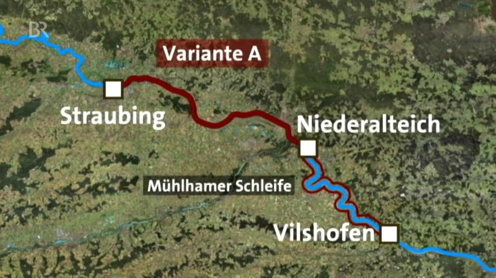 Karte mit der Donau von Straubing über Niederalteich bis nach Vilshofen. Ausbau Variante A ist rot markiert | Bild: Bayerischer Rundfunk