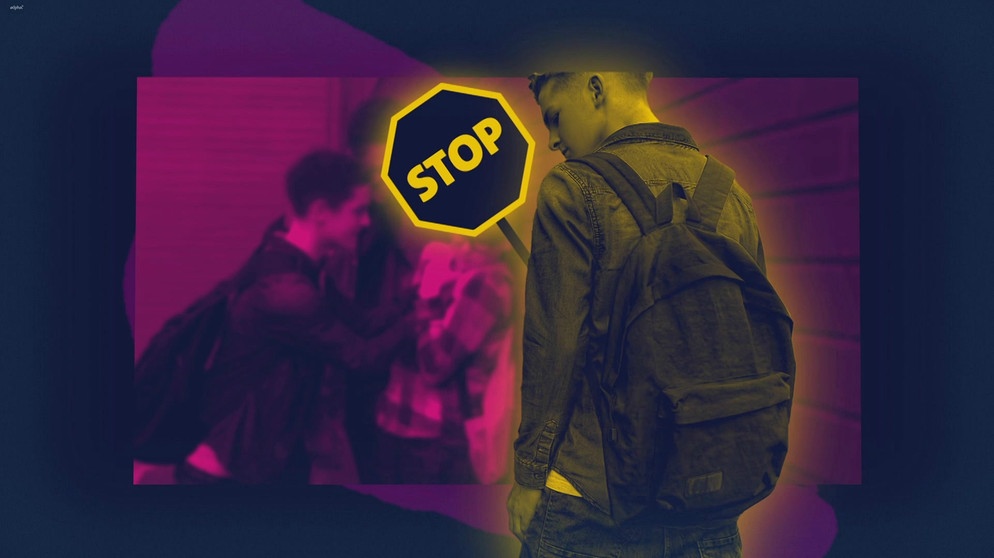 Zwei Schüler verprügeln einen Schüler;  Stoppschild; ein Schüler schaut zu. | Bild: colourbox.com, picture-alliance/dpa, BR, Montage: BR