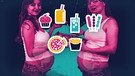 Zwei Schwangere halten eine Schachtel mit Pizza. Symbole mit ungesundem Essen sind zu sehen wie Pommes, Softdrinks, Pizza. | Bild: BR, colourbox.com, picture-alliance/dpa; Montage: BR
