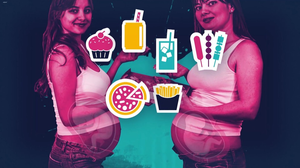 Zwei Schwangere halten eine Schachtel mit Pizza. Symbole mit ungesundem Essen sind zu sehen wie Pommes, Softdrinks, Pizza. | Bild: BR, colourbox.com, picture-alliance/dpa; Montage: BR