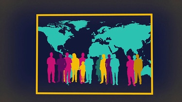 Farbig markierte Silhouetten von Menschen vor Weltkarte | Bild: BR, colourbox.com; Montage: BR