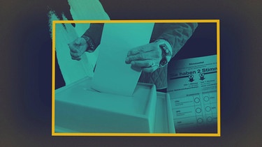 Jemand wirft seinen Stimmzettel in eine Wahlurne. | Bild: BR, colourbox.com, picture-alliance/dpa; Montage: BR
