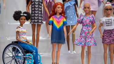 Barbie-Puppen der Linie Fashionistas des US-amerikanischen Spielzeughersteller Mattel sind am Stand des Unternehmens auf der Spielwarenmesse 2020 ausgestellt.  | Bild: picture alliance/dpa | Daniel Karmann