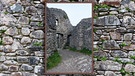 Burgruine Eisenberg; Hintergrund: alte Steinmauer aus dem Mittelalter | Bild: colourbox.com / Montage: BR