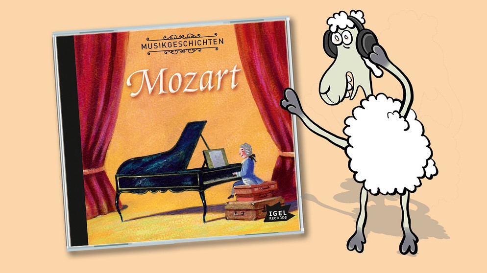 CD-Cover des Hörspiels "Mozarts große Reise" von Markus Vanhoefer. | Bild: Schaf Elvis: Teresa Habild | CD-Cover: Igel Records | Montage BR