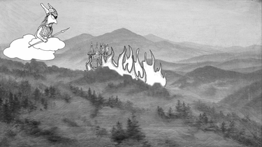Zeichnung "Götterdämmerung" - Wotan und brennendes Walhall | Bild: BR | Alex Naumann