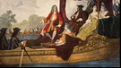 Georg Friedrich Händel und Georg I. von England auf der Themse während einer Aufführung der "Wassermusik". Kolorierter Stahlstich nach dem Gemälde von Edouard Hamman. | Bild: picture-alliance / akg-images