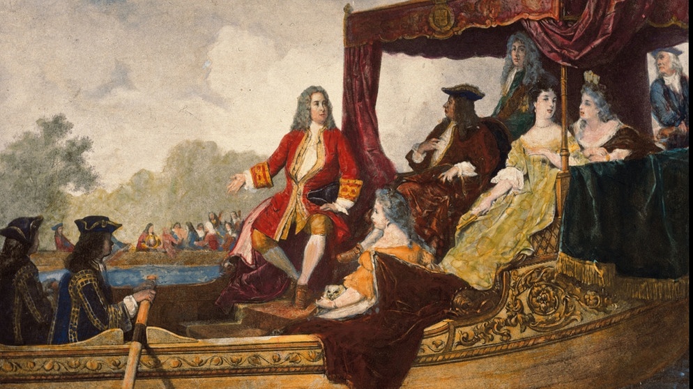 Georg Friedrich Händel und Georg I. von England auf der Themse während einer Aufführung der "Wassermusik". Kolorierter Stahlstich nach dem Gemälde von Edouard Hamman. | Bild: picture-alliance / akg-images
