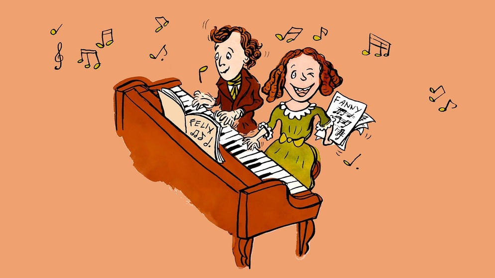 gezeichnetes Komponistenporträt von Felix Mendelssohn Bartholdy und seiner Schwester Fanny als Kinder | Bild: BR / Teresa Habild