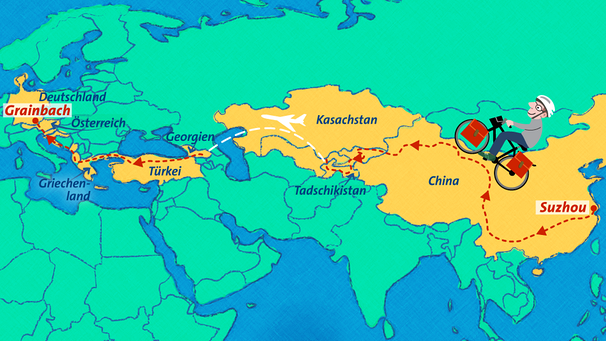 Karte: Christophs Radl-Route von China nach Bayern | Bild: BR, colourbox.com