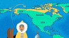 Wo leben die Eskimos? Die Karte zeigt (in Gelb), wo heute noch Eskimos leben: auf der Insel Grönland, in Alaska (USA), in Nordkanada und einige auch in Sibirien. | Bild: colourbox.com, Montage: BR