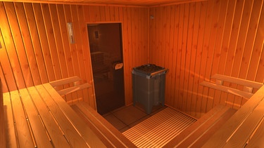 Eine Sauna von Innen: Holzbänke und der Saunaofen | Bild: colourbox.com