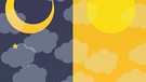 Zeichnung von einer Mondsichel und Sternen und einer Sonne am wolkigen Himmel. | Bild: colourbox.com