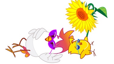 Sonntagshuhn-Grafik: Sonntagshuhn und Mäxchen mit Sonnenblume und Sonnenbrille. | Bild: BR