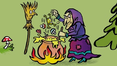 Eine gezeichnete Hexe kocht ein Süppchen aus Fröschen und Fliegenpilzen. | Bild: BR | Teresa Habild