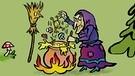 Eine gezeichnete Hexe kocht ein Süppchen aus Fröschen und Fliegenpilzen. | Bild: BR | Teresa Habild