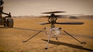 Die von der NASA zur Verfügung gestellte Illustration zeigt den "Ingenuity-Hubschrauber" auf der Marsoberfläche. Der kleine Hubschrauber "Ingenuity", der sich an Bord des Mars-Rovers "Perseverance" befindet, hat am 19. Februar 2021 seinen ersten Statusreport an das Kontrollzentrum im kalifornischen Pasadena gefunkt.  | Bild: -/NASA/JPL-Caltech/dpa 