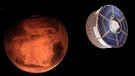 Die von der NASA zur Verfügung gestellte Illustration zeigt die Raumsonde "Mars 2020", die den Nasa-Rover "Perseverance" transportiert, bei der Annäherung an den Mars. Die drei Milliarden Dollar teure Mission ist die erste Etappe eines amerikanisch-europäischen Projekts, das im nächsten Jahrzehnt Proben vom Mars zur Erde bringen soll.  | Bild: dpa-Bildfunk/AP