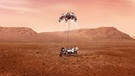 Die Illustration zeigt den Nasa-Rover "Perseverance" bei der Landung auf dem Mars.  | Bild: NASA/dpa