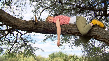 Was macht der Leopard im Baum? | Paula will mal ausprobieren wie es sich im Bett eines Leoparden liegt... | Bild: BR | Text und Bild Medienproduktion GmbH & Co. KG