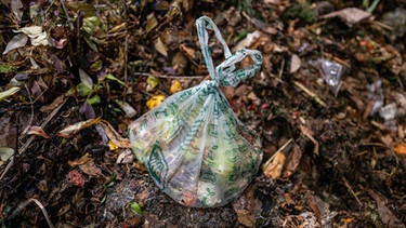 Plastiktüte für Biomüll liegt unverrottet in einer Kompostierungsanlage. | Bild: dpa-Bildfunk