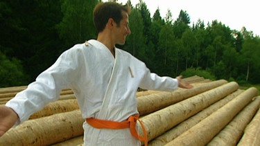 Wer vermöbelt den Wald? / Willi Weitzel im Karate-Anzug vor gefällten Bäumen für Möbelholz | Bild: BR 