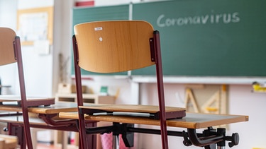 "Coronavirus" steht auf einer Tafel in einem leeren Klassenzimmer in der Papst-Benedikt-Schule in Straubing. | Bild: picture alliance/Armin Weigel/dpa