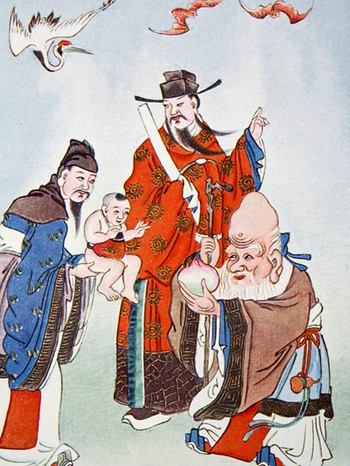 Shou Xing und die chinesischen Götter des Glücks. Aus:  "Myths and Legends of China" von Edward TC Werner, 1922. | Bild: picture alliance / Heritage Images | Stapleton Historical Collection